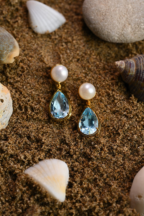 Cultured South Sea Pearl & Blue Topaz Earrings in gold-tone metal with natural blue topaz and cultured South Sea pearls