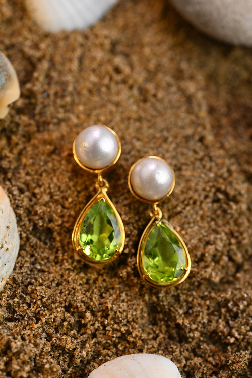 Cultured South Sea Pearl & Peridot Earrings in gold-tone metal with natural peridot and cultured South Sea pearls