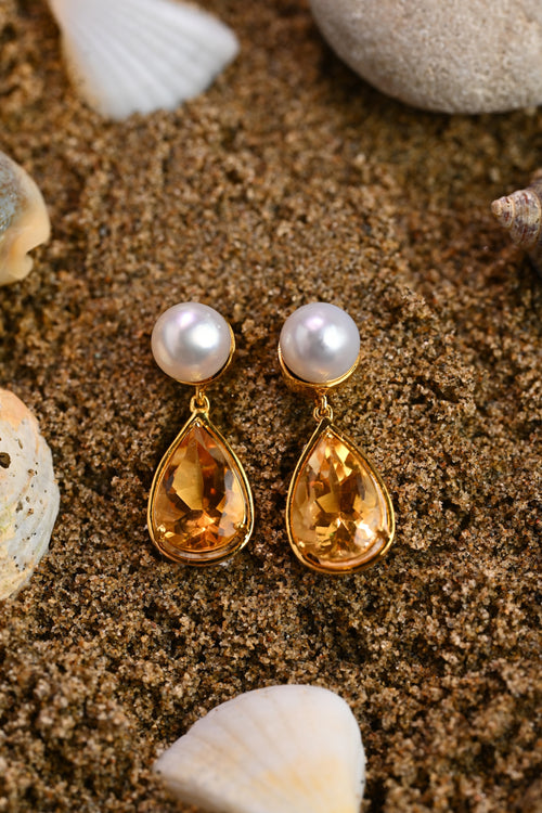 Cultured South Sea Pearl & Citrine Earrings in gold-tone metal with natural citrine and cultured South Sea pearls