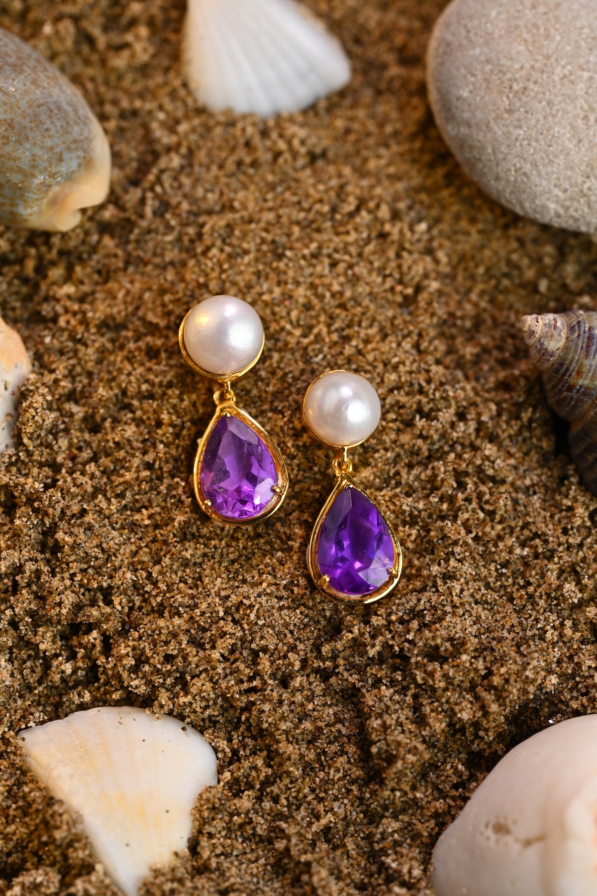 Cultured South Sea Pearl & Amethyst Earrings in gold-tone metal with natural amethyst and cultured South Sea pearls