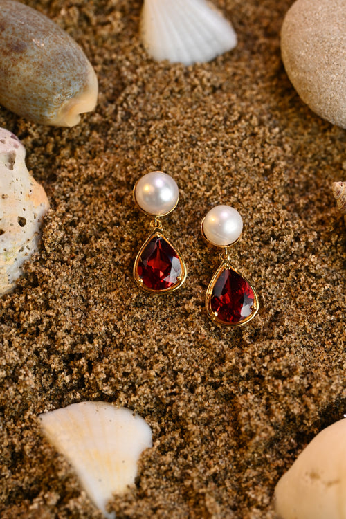 Garnet & Cultured South Sea Pearl Earrings in gold-tone metal with natural garnet and cultured South Sea pearls