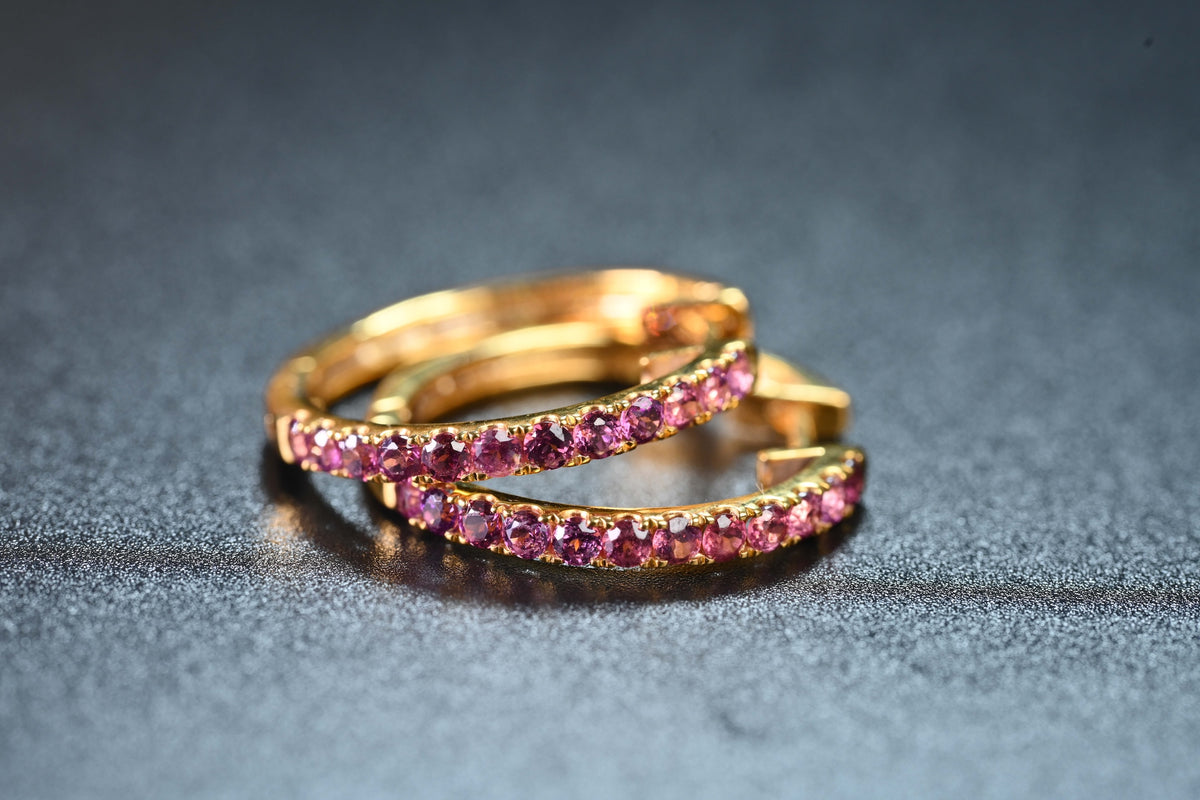 Garnet Half-Eternity Hoop Earrings in gold-tone metal with natural garnet